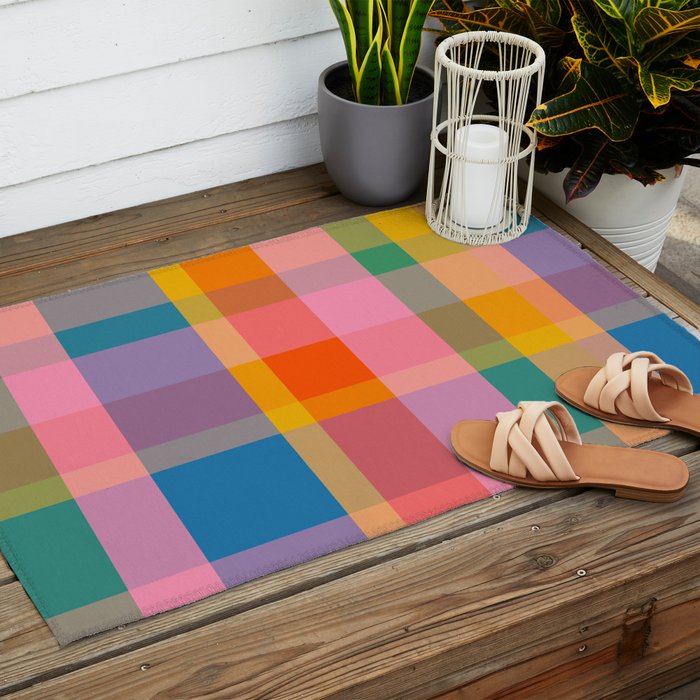 Rainbow Pop Colorful Checked Plaid Pattern Outdoor Rug Gallery Image 2