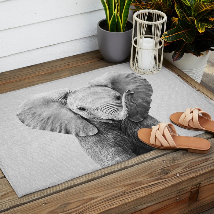 Baby Elephant - Black & White Outdoor Rug Gallery Image 2