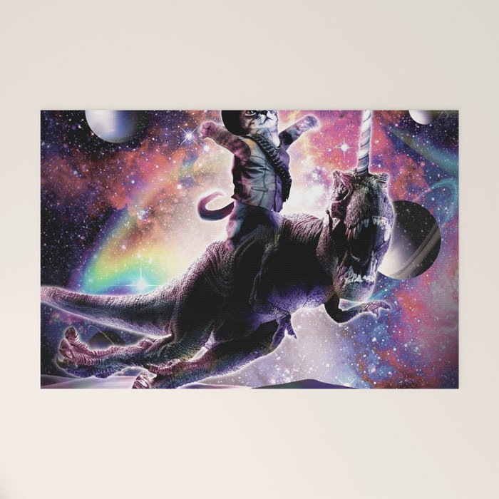 Galaxy Cat On Dinosaur Unicorn In Space Welcome Mat Gallery Image 1
