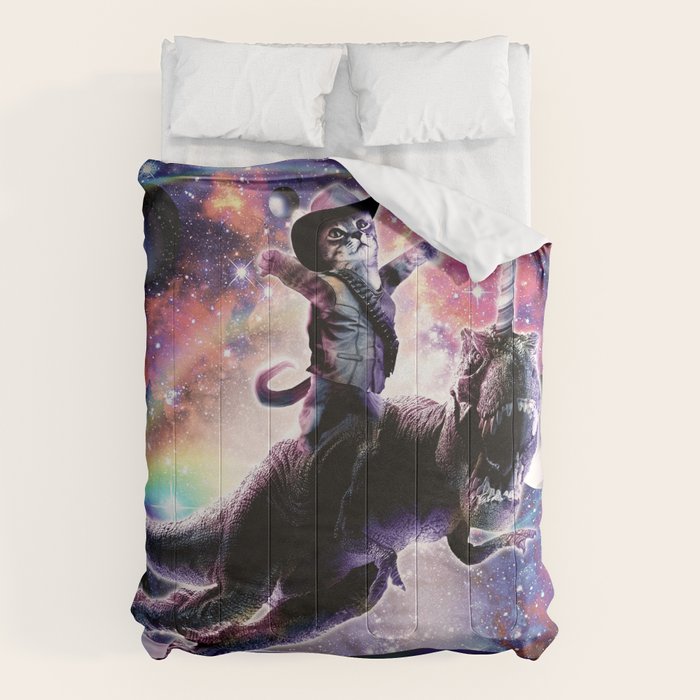 Galaxy Cat On Dinosaur Unicorn In Space Comforter Gallery Image 1