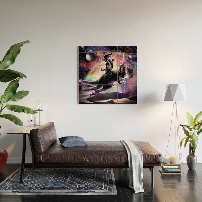 Galaxy Cat On Dinosaur Unicorn In Space Wood Wall Art Gallery Image 2