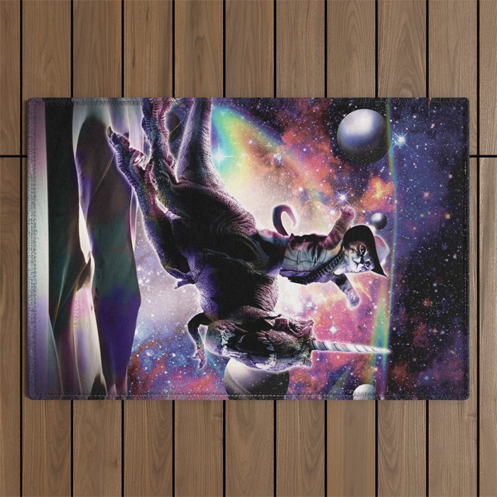 Galaxy Cat On Dinosaur Unicorn In Space Outdoor Rug Gallery Image 1