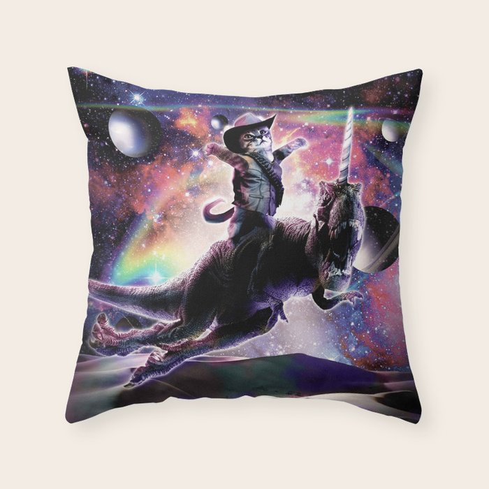 Galaxy Cat On Dinosaur Unicorn In Space Throw Pillow Gallery Image 6