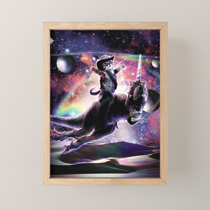 Galaxy Cat On Dinosaur Unicorn In Space Mini Art Print