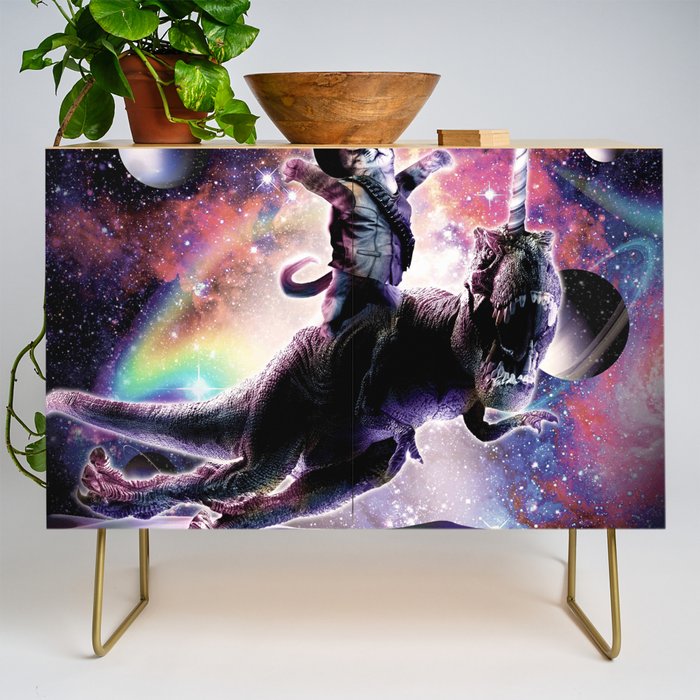 Galaxy Cat On Dinosaur Unicorn In Space Credenza Gallery Image 1