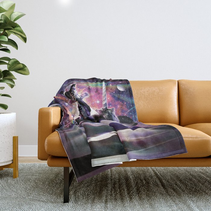 Galaxy Cat On Dinosaur Unicorn In Space Throw Blanket Gallery Image 1