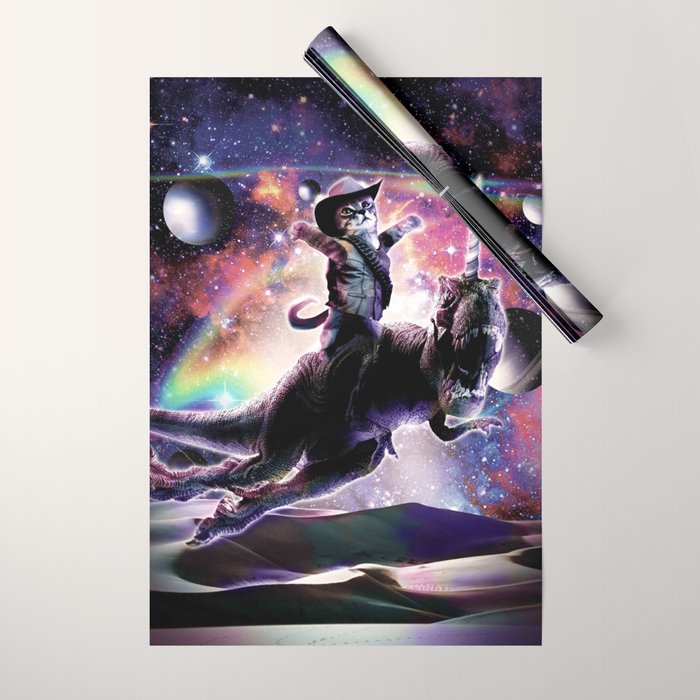 Galaxy Cat On Dinosaur Unicorn In Space Wrapping Paper Gallery Image 1