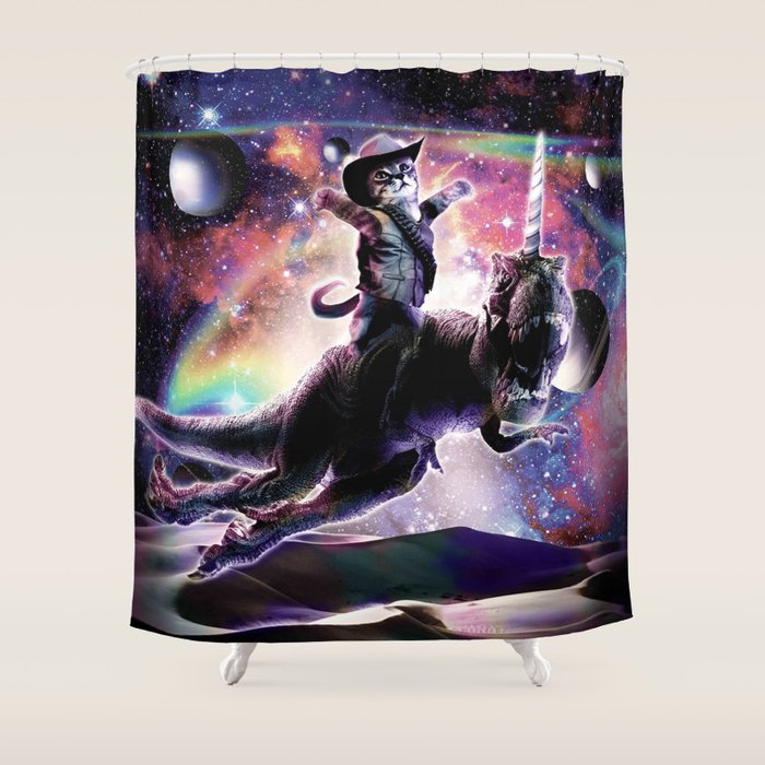Galaxy Cat On Dinosaur Unicorn In Space Shower Curtain Gallery Image 1
