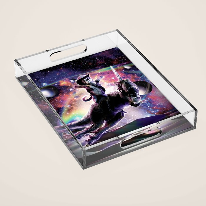 Galaxy Cat On Dinosaur Unicorn In Space Acrylic Tray Gallery Image 1