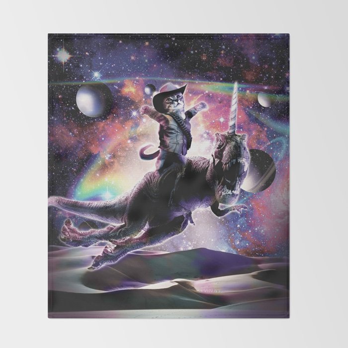Galaxy Cat On Dinosaur Unicorn In Space Throw Blanket Gallery Image 2