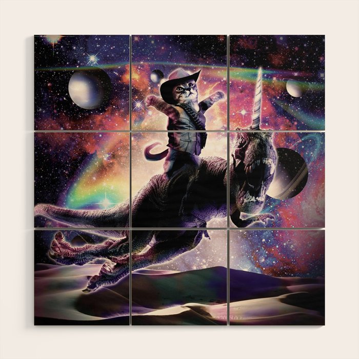 Galaxy Cat On Dinosaur Unicorn In Space Wood Wall Art Gallery Image 1