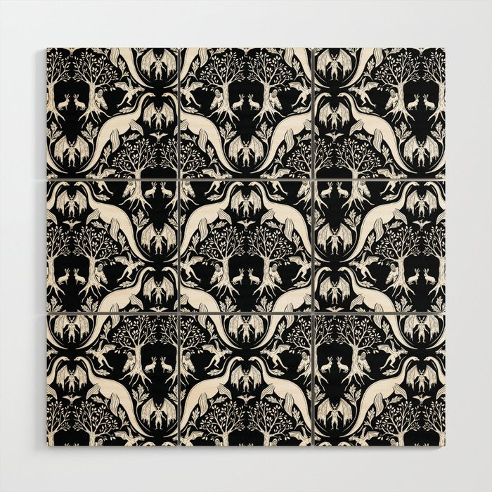 Black & White Cryptid Damask Wood Wall Art Gallery Image 1
