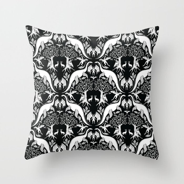 Black & White Cryptid Damask Throw Pillow Gallery Image 6