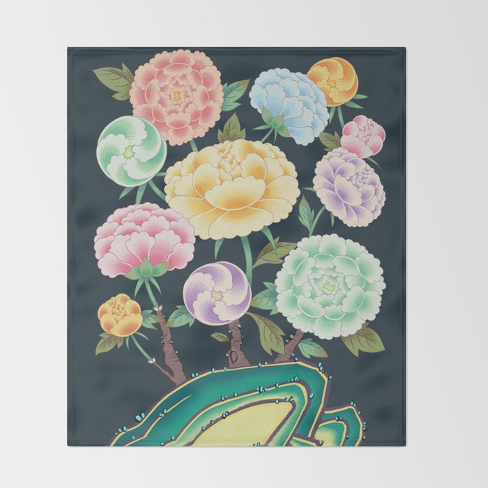 Minhwa(Korean traditional/folk art): Peony Flowers and Rock Throw Blanket Gallery Image 2