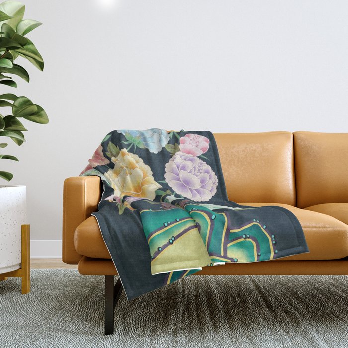 Minhwa(Korean traditional/folk art): Peony Flowers and Rock Throw Blanket Gallery Image 1