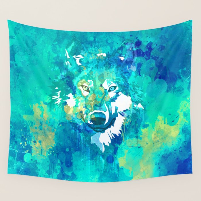 Teal yellow hand painted watercolor wolf Wall Tapestry Gallery Image 1