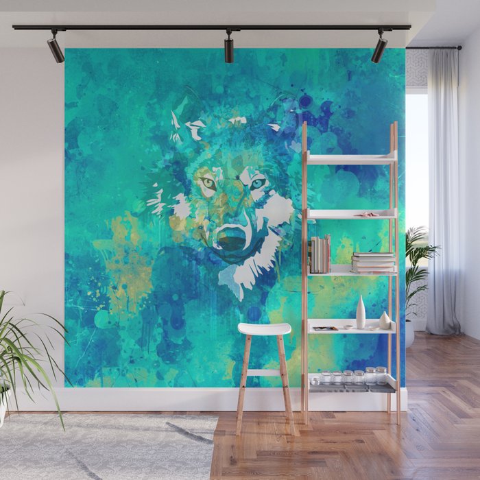Teal yellow hand painted watercolor wolf Wall Mural Gallery Image 1