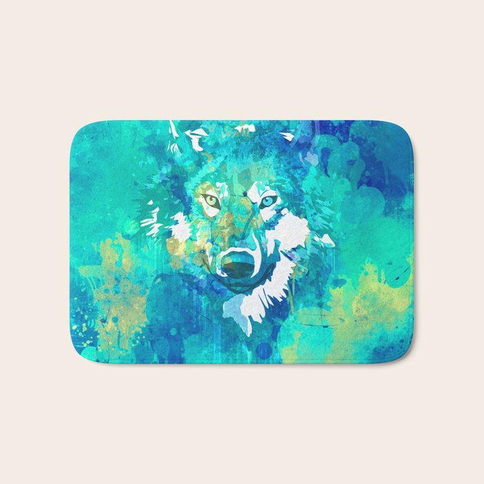 Teal yellow hand painted watercolor wolf Bath Mat Gallery Image 1