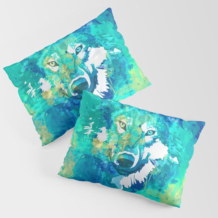 Teal yellow hand painted watercolor wolf Pillow Sham Gallery Image 3