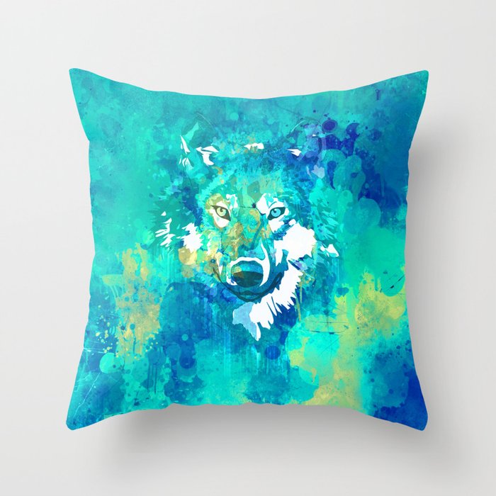 Teal yellow hand painted watercolor wolf Throw Pillow Gallery Image 6