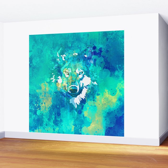 Teal yellow hand painted watercolor wolf Wall Mural Gallery Image 2