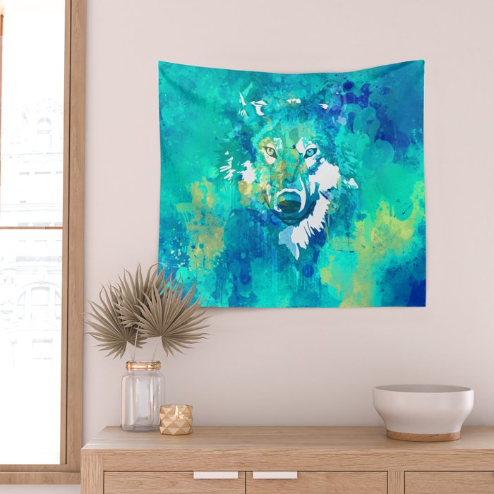 Teal yellow hand painted watercolor wolf Wall Tapestry Gallery Image 2