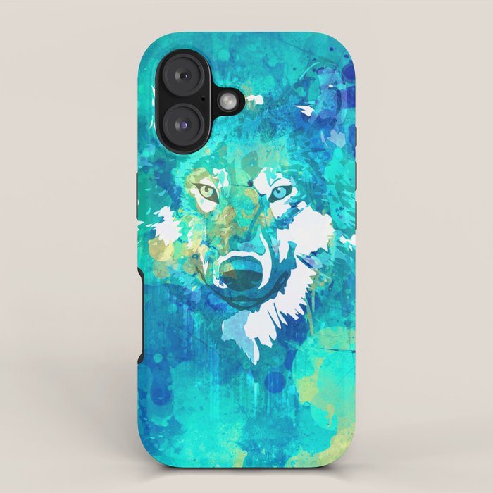 Teal yellow hand painted watercolor wolf iPhone Case Gallery Image 1