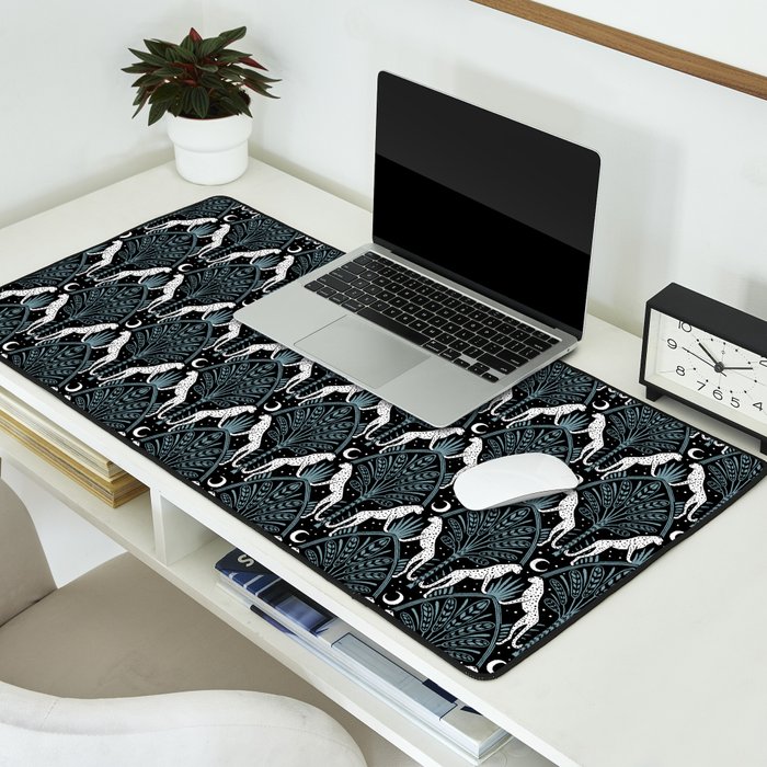 Night Cheetahs - black, white, and blue Desk Mat Gallery Image 2