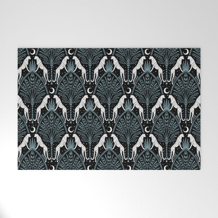 Night Cheetahs - black, white, and blue Welcome Mat Gallery Image 1