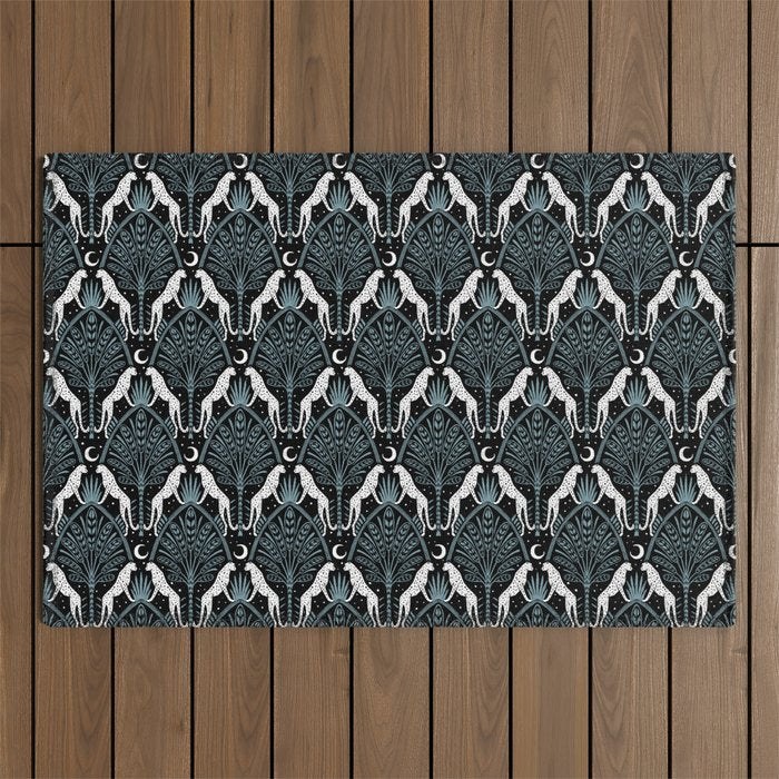 Night Cheetahs - black, white, and blue Outdoor Rug Gallery Image 1