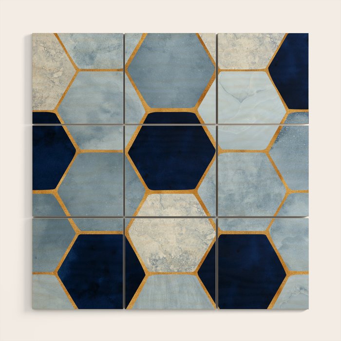 Deco Blue Marble Tile Pattern Wood Wall Art Gallery Image 1