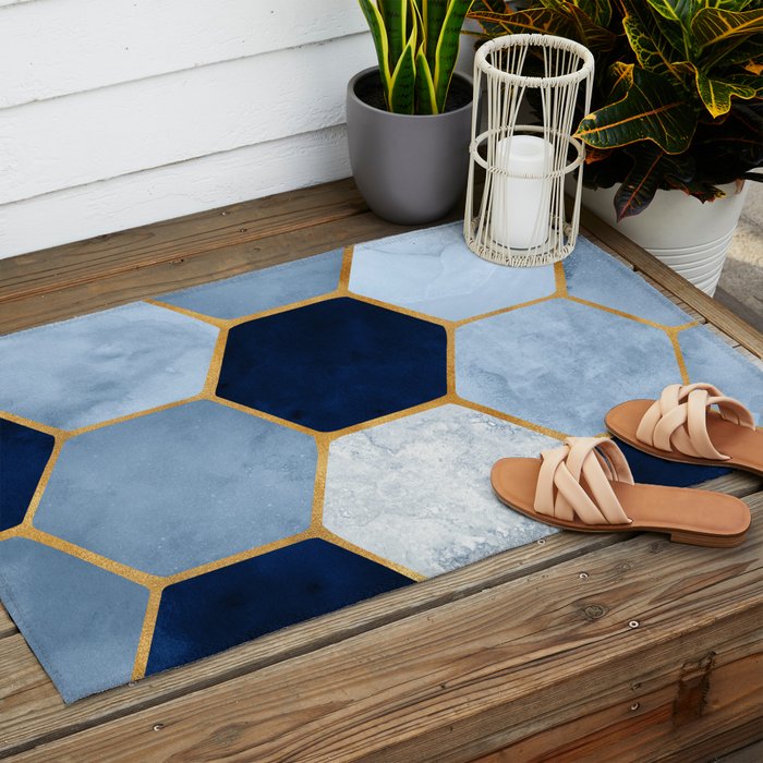 Deco Blue Marble Tile Pattern Outdoor Rug Gallery Image 2