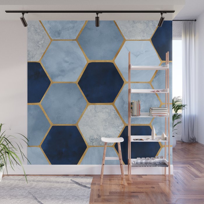 Deco Blue Marble Tile Pattern Wall Mural Gallery Image 1
