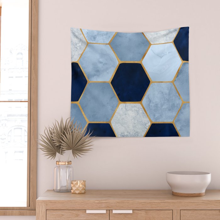 Deco Blue Marble Tile Pattern Wall Tapestry Gallery Image 2