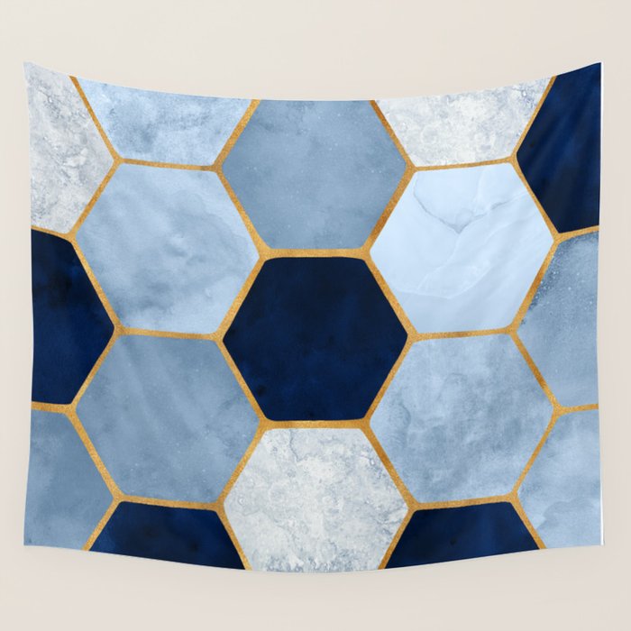 Deco Blue Marble Tile Pattern Wall Tapestry Gallery Image 4
