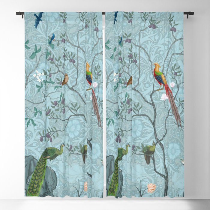 Chinoiserie Aqua Turquoise Garden Fresco & William Morris Art Window Curtain Gallery Image 1