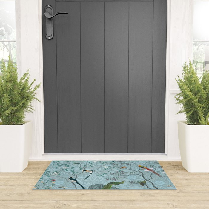 Chinoiserie Aqua Turquoise Garden Fresco & William Morris Art Welcome Mat Gallery Image 3
