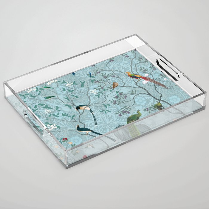 Chinoiserie Aqua Turquoise Garden Fresco & William Morris Art Acrylic Tray Gallery Image 1