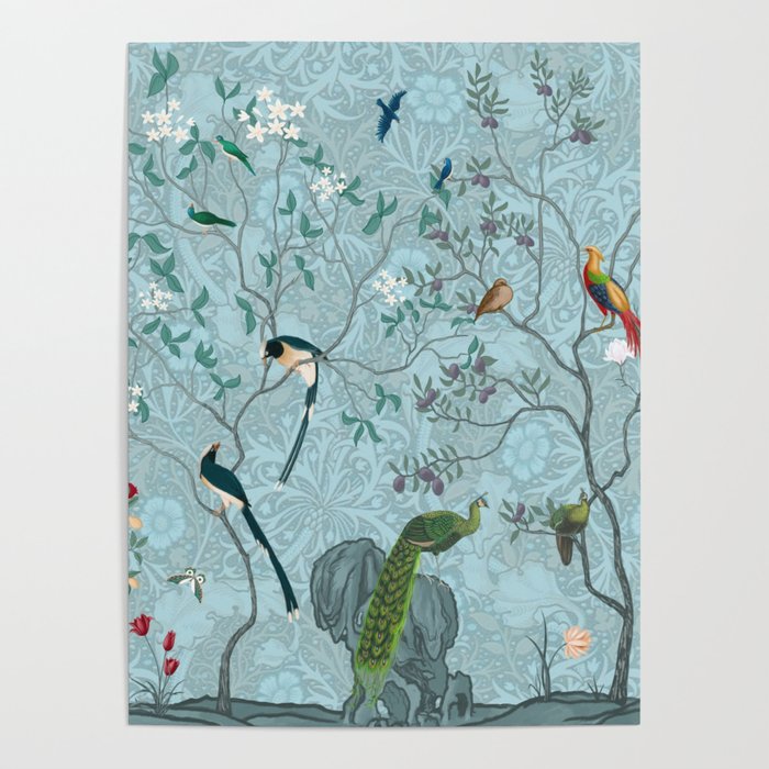 Chinoiserie Aqua Turquoise Garden Fresco & William Morris Art Poster Gallery Image 1