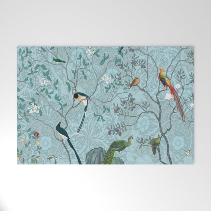 Chinoiserie Aqua Turquoise Garden Fresco & William Morris Art Welcome Mat Gallery Image 1