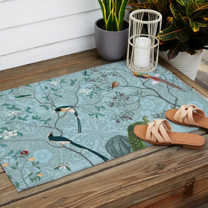 Chinoiserie Aqua Turquoise Garden Fresco & William Morris Art Outdoor Rug Gallery Image 2