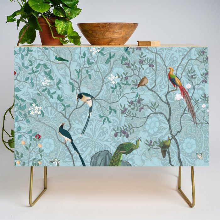 Chinoiserie Aqua Turquoise Garden Fresco & William Morris Art Credenza Gallery Image 1