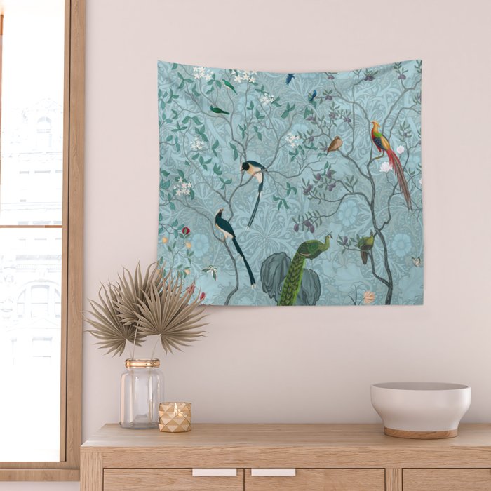 Chinoiserie Aqua Turquoise Garden Fresco & William Morris Art Wall Tapestry Gallery Image 2