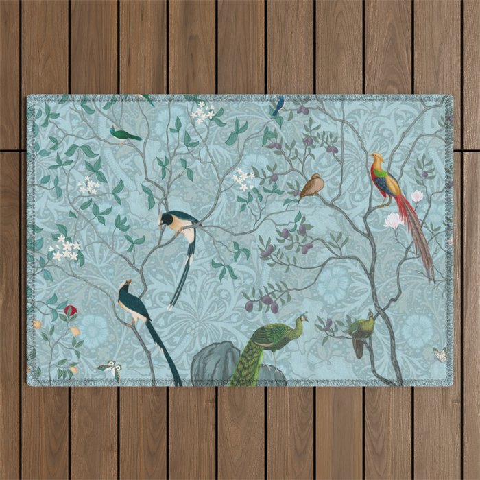 Chinoiserie Aqua Turquoise Garden Fresco & William Morris Art Outdoor Rug Gallery Image 1