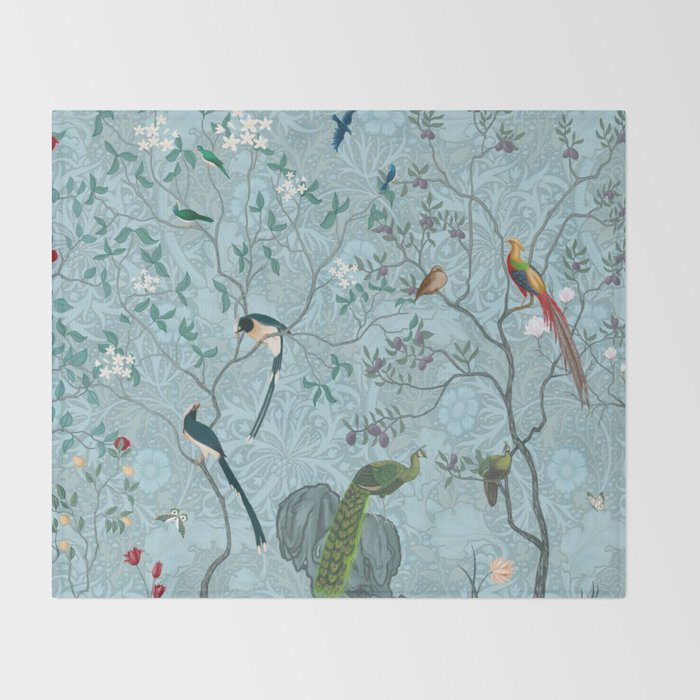Chinoiserie Aqua Turquoise Garden Fresco & William Morris Art Throw Blanket Gallery Image 2
