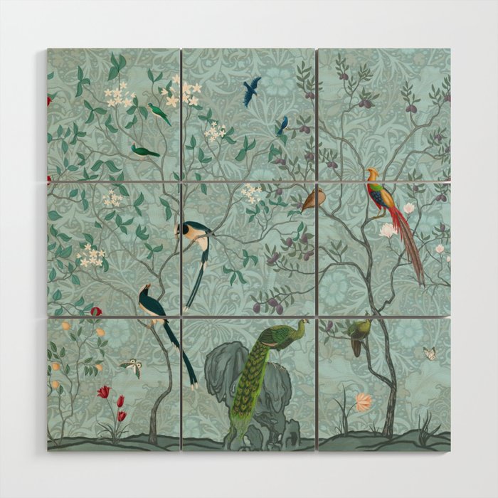 Chinoiserie Aqua Turquoise Garden Fresco & William Morris Art Wood Wall Art Gallery Image 1