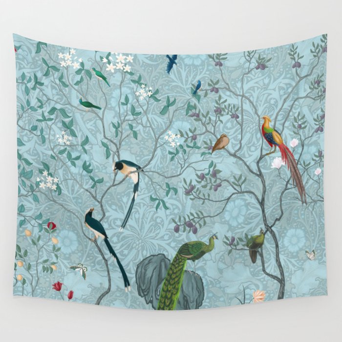 Chinoiserie Aqua Turquoise Garden Fresco & William Morris Art Wall Tapestry Gallery Image 4
