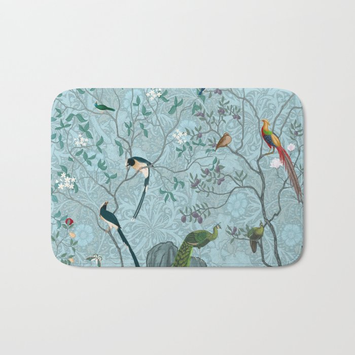 Chinoiserie Aqua Turquoise Garden Fresco & William Morris Art Bath Mat Gallery Image 1