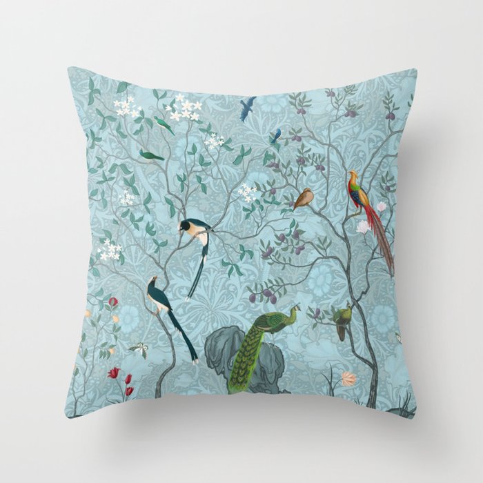 Chinoiserie Aqua Turquoise Garden Fresco & William Morris Art Throw Pillow Gallery Image 1