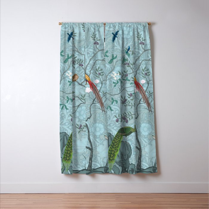 Chinoiserie Aqua Turquoise Garden Fresco & William Morris Art Window Curtain Gallery Image 3